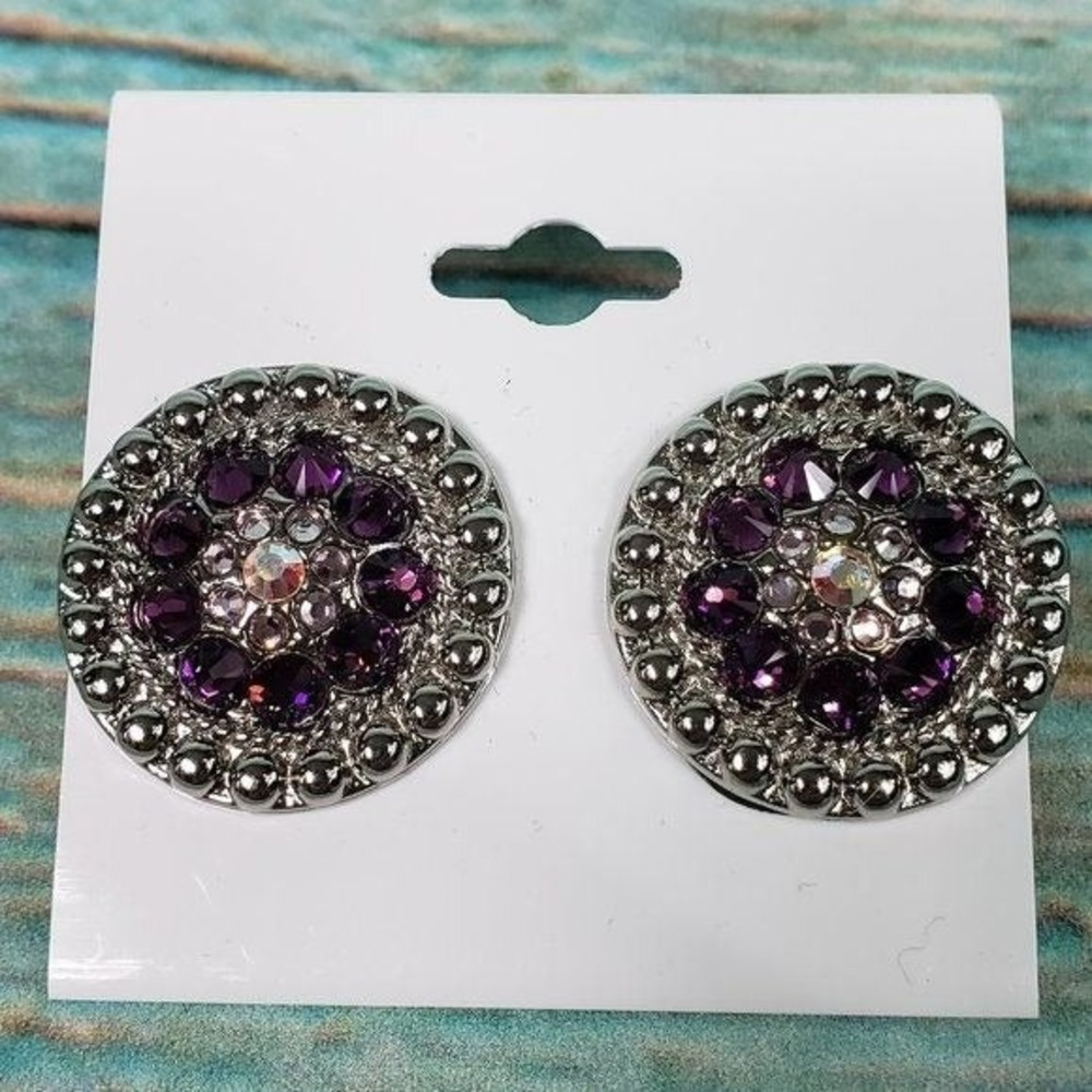 Western Concho Rhinestone Round Purple Crystal Stud Earrings Women‎ NWT